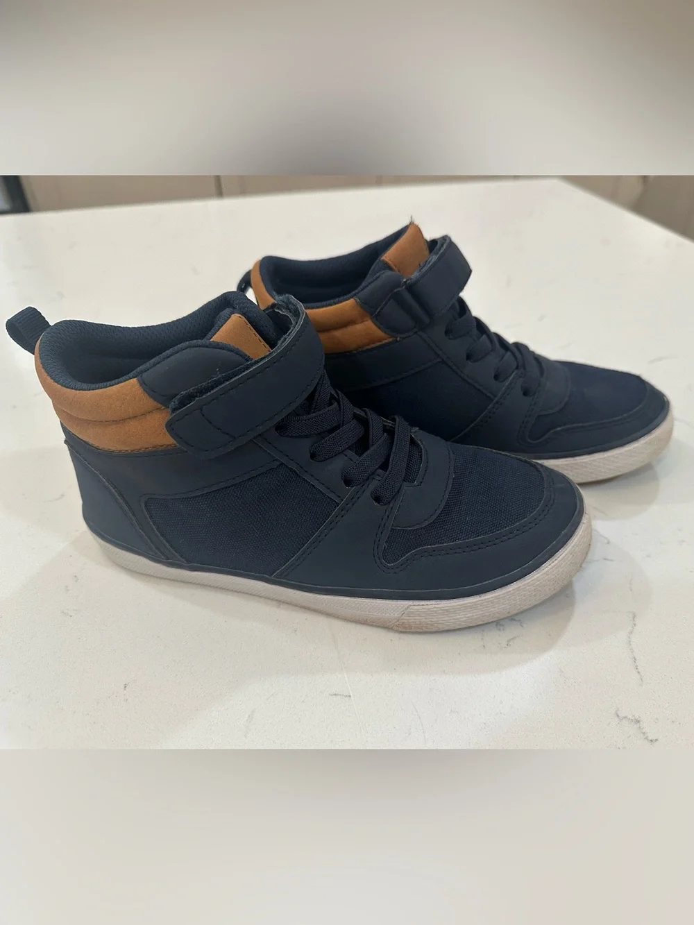 Kids High-Top Casual Sneakers in Navy with Tan Accent- 2 - Picture 2 of 9